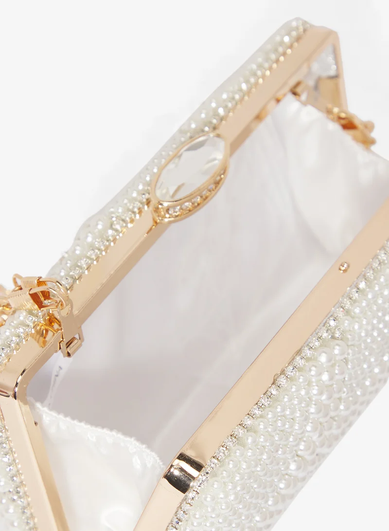 Khizana White Pearl Detailed Embellished Gold Accent Clutch for Women | Best Price UAE